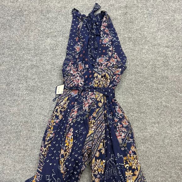 Free People Shangri-La Wide Leg Halter Jumpsuit Blue Scarf Print Sz 2 NEW $198 - Picture 3 of 16